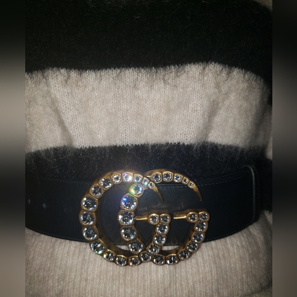 Gucci wide Black Leather Belt with brass Gold and Swarovski Crystal large Buckle - Picture 7 of 16